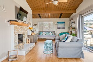Smart TV, chimenea, libros, videoteca