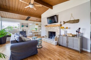 Smart TV, fireplace, books, video library