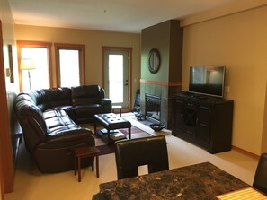 Smart TV, fireplace, DVD player, books