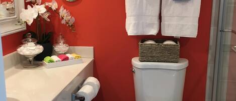 Een badkamer met een rode wand, een decoratie van een zeepaard, een handdoekhouder met handdoeken, een toilet, een wastafel met zeepdispenser en een opbergbak.