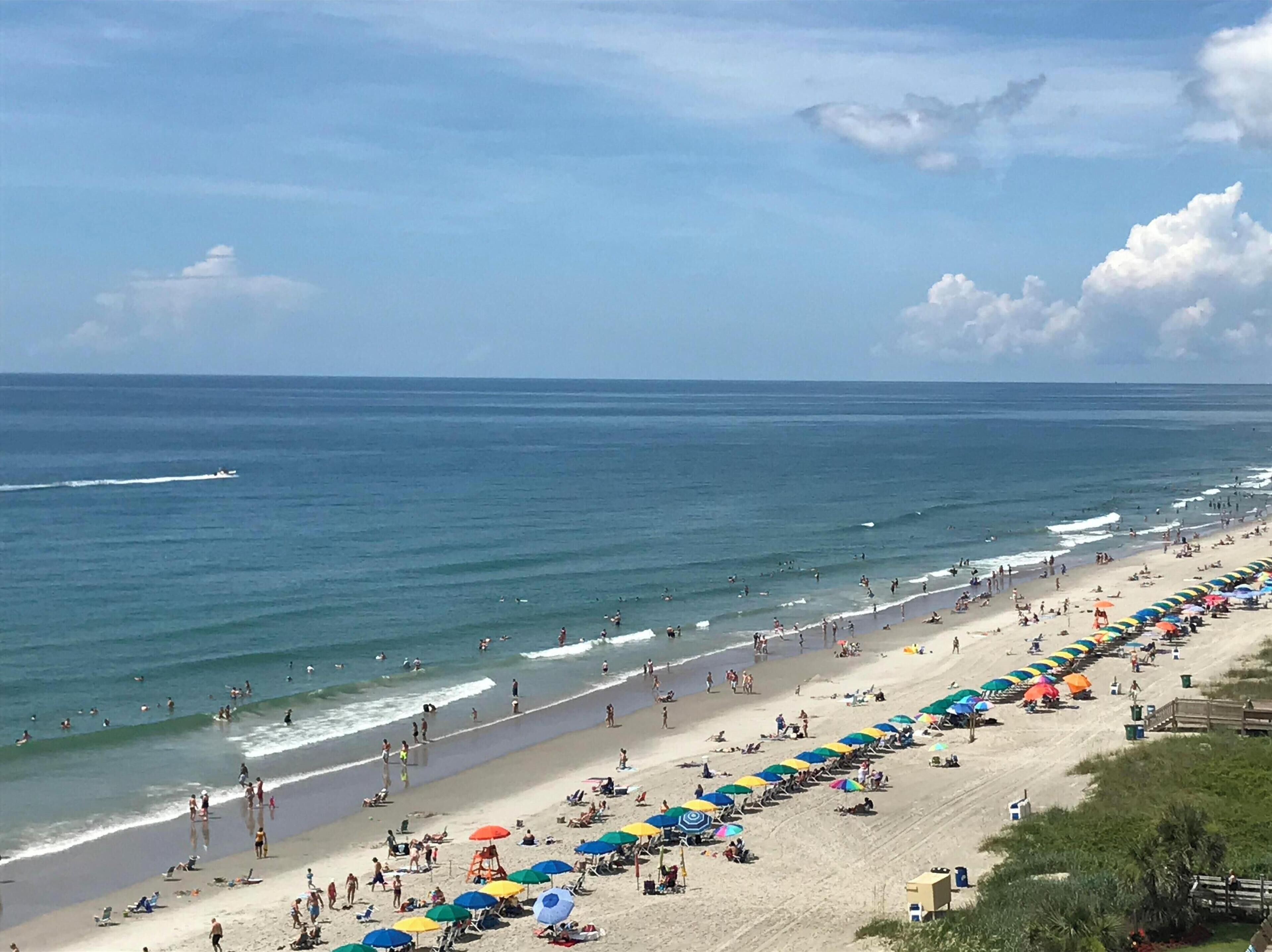 A beach with rows of umbrellas and sun loungers, a clear sky, and the ocean.