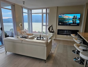 Smart TV, fireplace, books, stereo