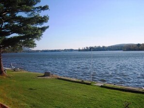 A grassy lakeside area with a fishing rod and a metal pole. - Beautiful Waterfront home with deep water dock on Onota Lake. Huge covered deck. (Pittsfield)