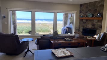 TV connectée, cheminée, lecteur de DVD, livres