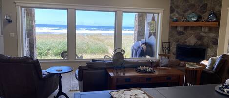 Smart TV, fireplace, DVD player, books