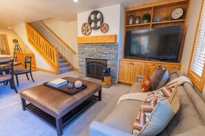 Smart TV, fireplace, books, stereo