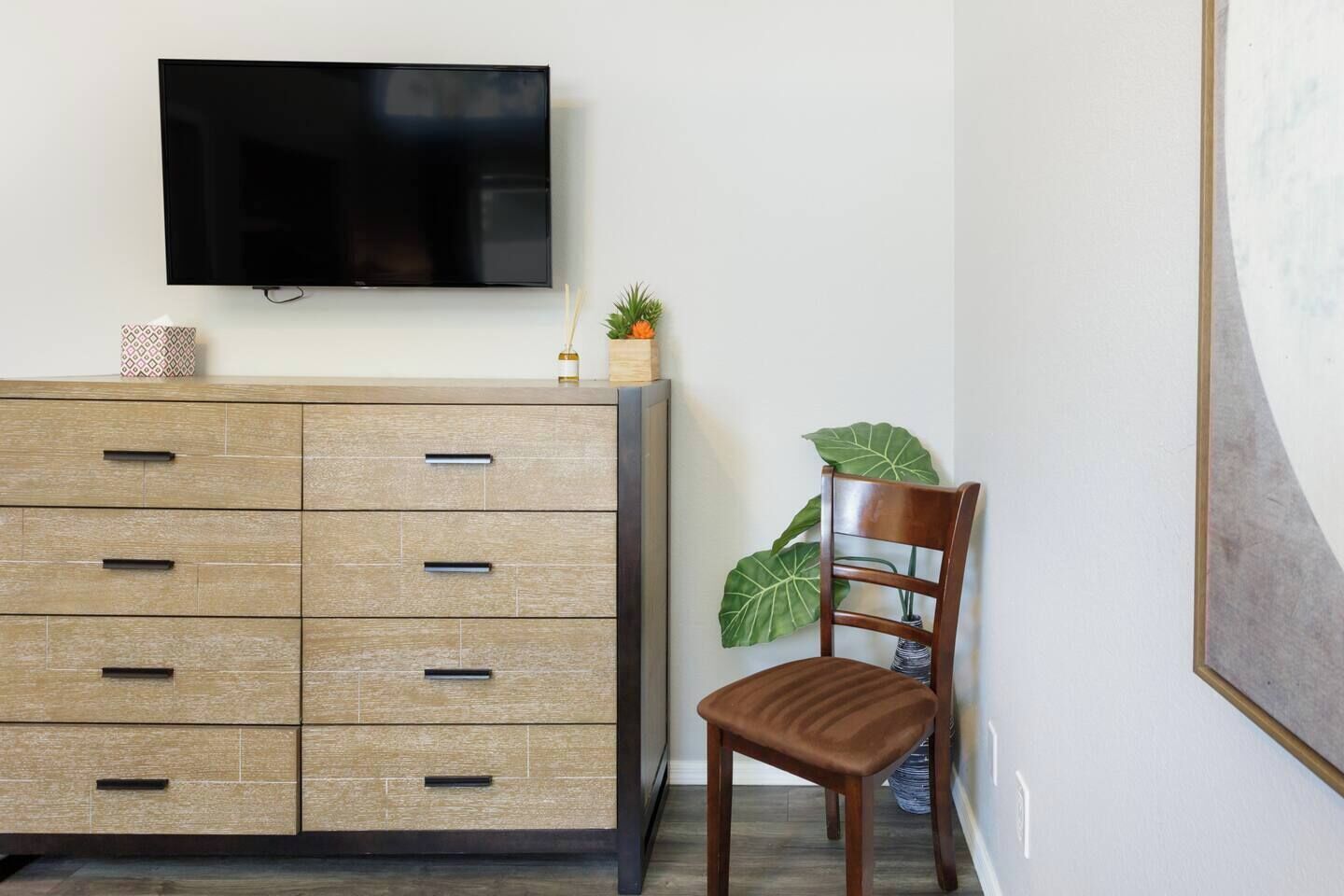 Una sala de estar moderna con un televisor de pantalla plana montado en la pared, un mueble de madera con cajones, una silla de madera y una planta verde grande.