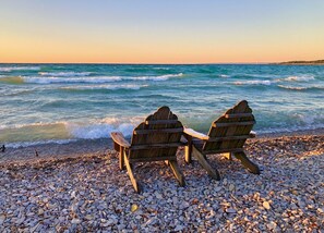 On the beach, sun-loungers, beach towels