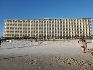 On the beach, sun-loungers