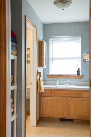 Suihkun ja ammeen yhdistelmä, hiustenkuivaaja, pyyhkeet, saippua