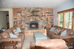 Smart TV, fireplace, DVD player, books