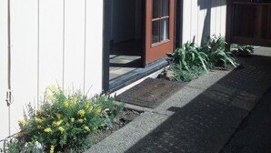 A single-story building with a front door, a small porch area, and a garden with yellow flowers.