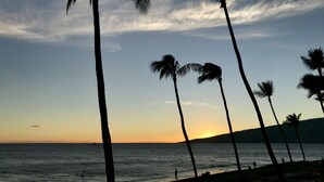 Ein Strandbild mit silhouettierten Palmen vor einem Sonnenuntergangshimmel.