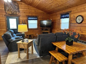 Älytelevisio, takka, DVD-soitin, kirjoja