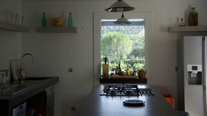 Eine Küche mit Kochinsel, einem Fenster mit Blick auf Bäume und Regalen mit Flaschen und Gläsern.