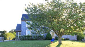 Et boligområde med et hus, et træ og et gyngestativ.