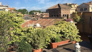 Un jardín en la azotea con plantas en macetas y una pequeña construcción de ladrillo.