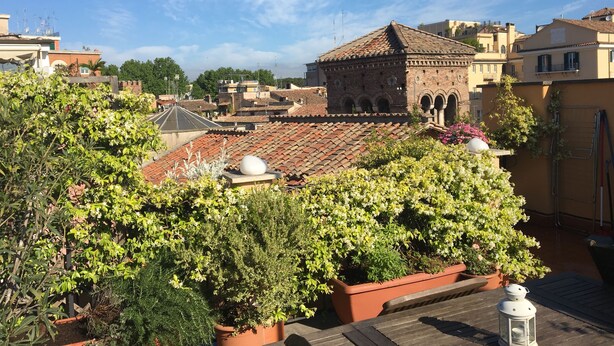 A rooftop garden with potted plants and a small brick structure. - PENTHOUSE with PANORAMIC PRIVATE ROOF TERRACE, Old Historical centre, Trastevere (Roma)