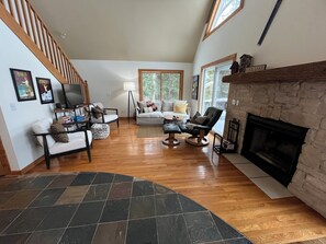 TV, fireplace, video games, DVD player
