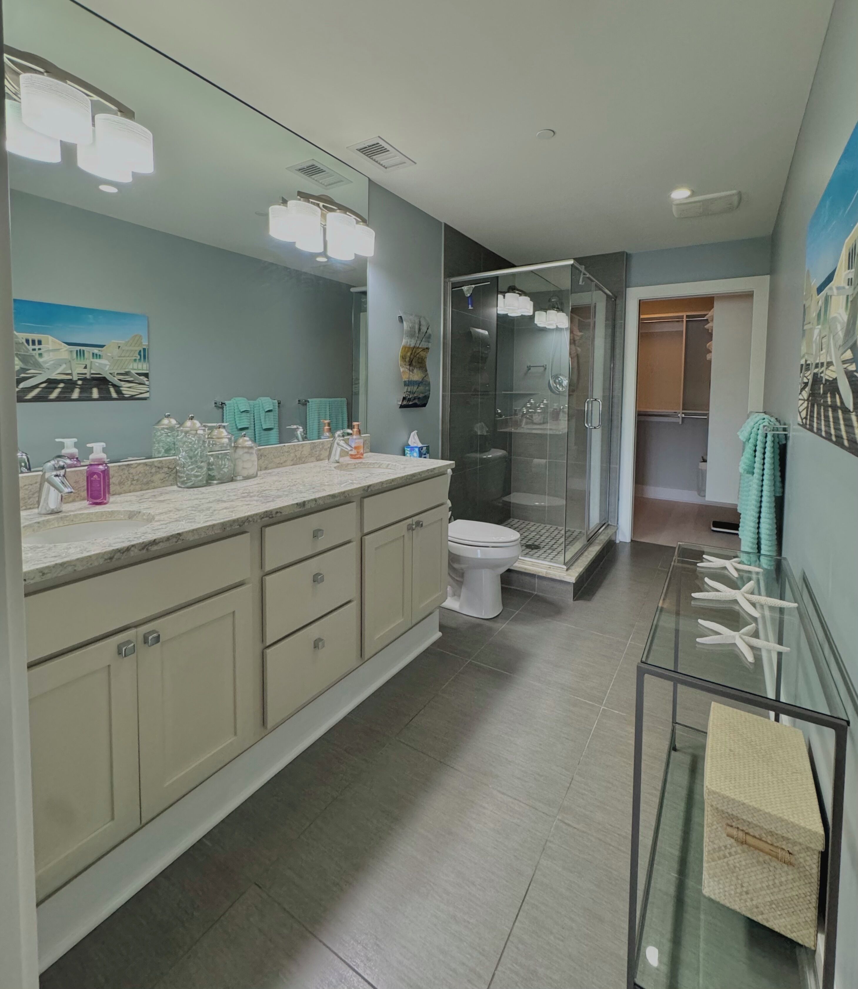Combined shower/tub, hair dryer, towels