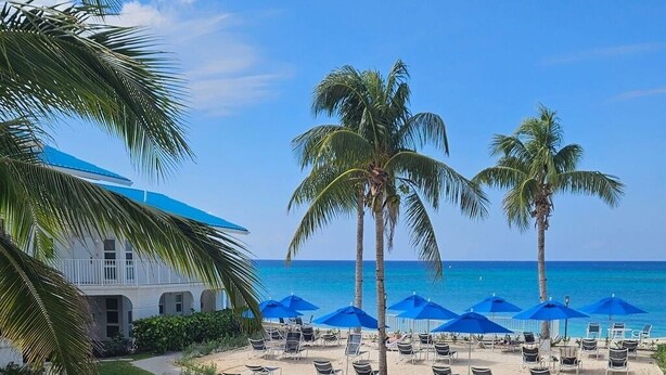 A beachside hotel with a pool, palm trees, and beach chairs under blue umbrellas. - Simply the Best at the Most Reasonable Price-Cayman Reef Resort #2 (George Town)