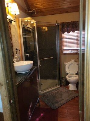 A bathroom with a glass-enclosed shower, a white sink, and a toilet. - Large cozy modern cabin  (Centennial)