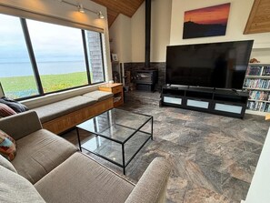 Flat-screen TV, fireplace, DVD player, books