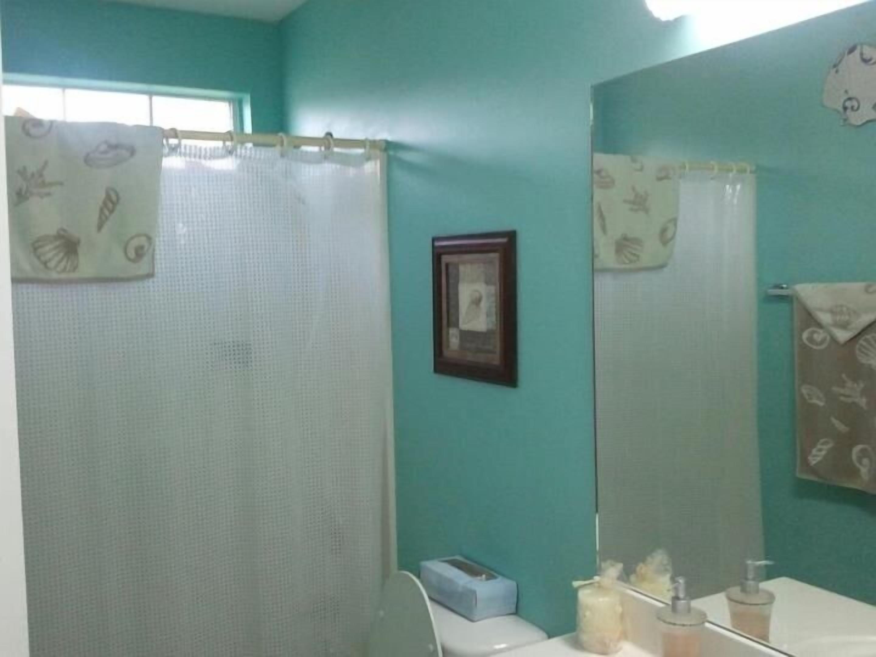 Une salle de bain aux murs de couleur turquoise, avec un rideau de douche orné d’un motif de coquillages, un tableau encadré au mur et un lavabo avec des articles de toilette.