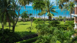 A lush garden with palm trees and a view of the ocean. - Luxury Oceanfront Los Suenos Condo overlooking Herradura Bay (Los Suenos)