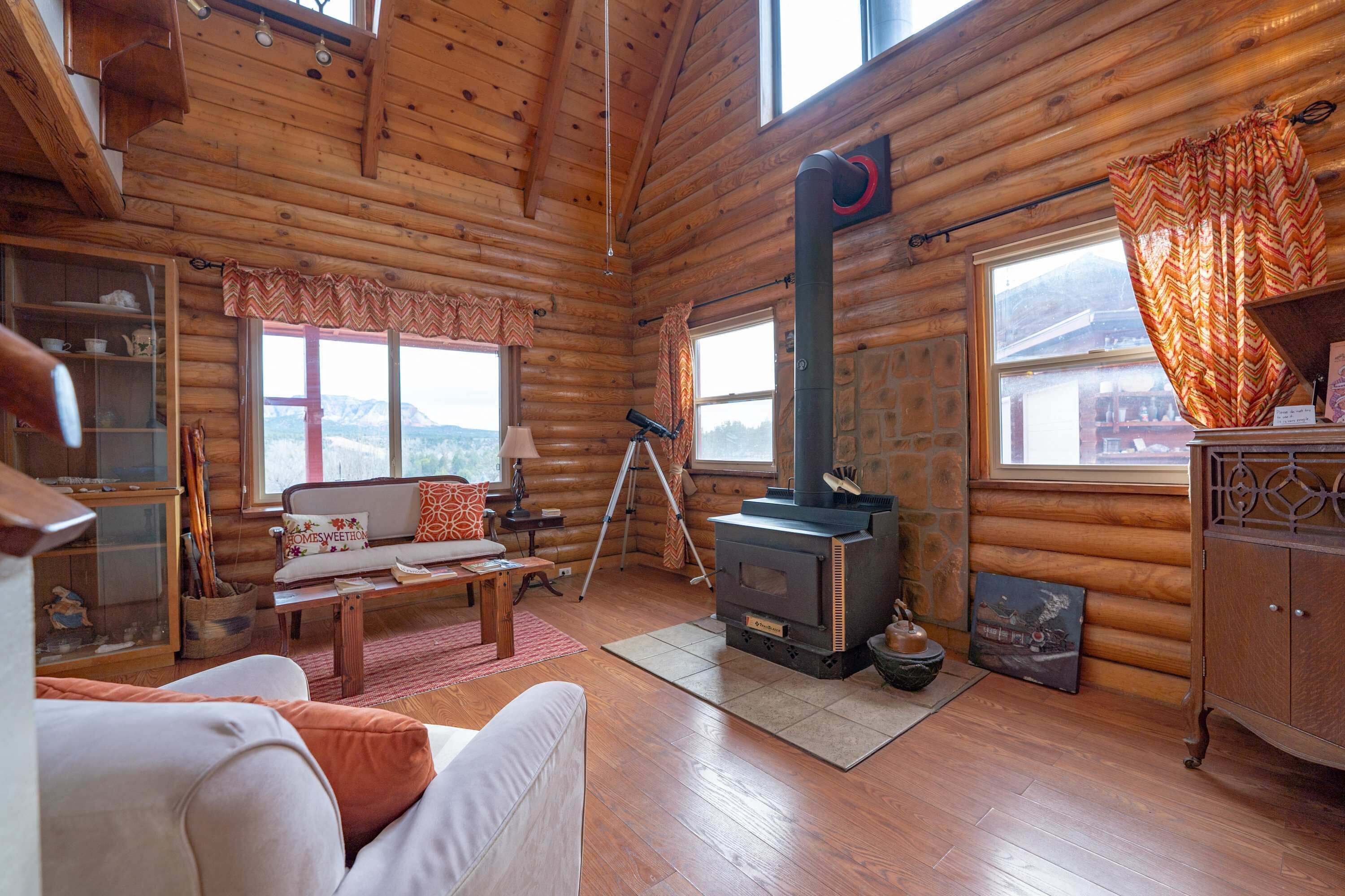 TV, fireplace, books, offices