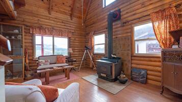 TV, fireplace, books, offices