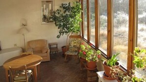 Una habitación acogedora con techo de madera, un ventanal con vistas a árboles, un sofá, una silla y una mesa con plantas en macetas.