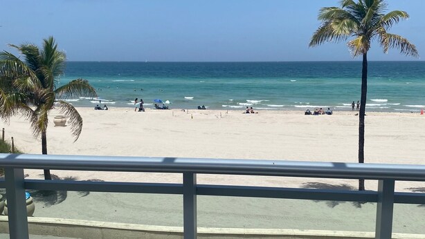 A beach view from a balcony with a railing, palm trees, and the ocean.