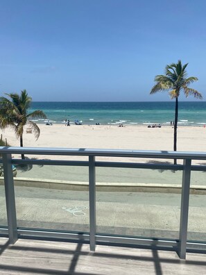 On the beach, sun-loungers, beach towels
