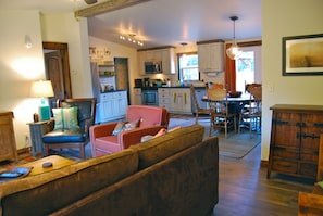 living room into kitchen