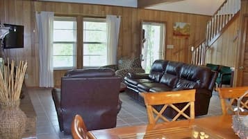Smart TV, fireplace, DVD player, foosball