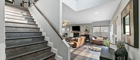 TV, fireplace, video games, DVD player