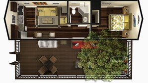 A top-down view of a modern apartment with a kitchen, dining area, living room, and a balcony with plants.