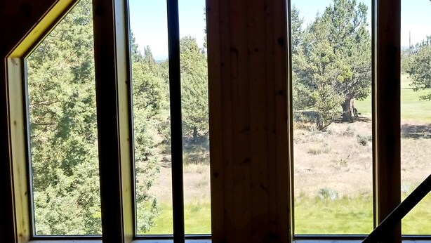Quarto com grandes janelas e vista para uma área arborizada.