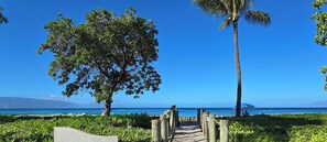 On the beach, sun-loungers, beach towels