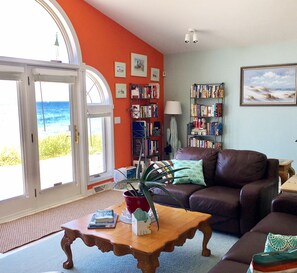 Smart-TV, peis, DVD-spiller og bøker