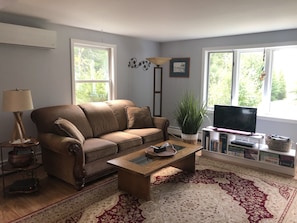 A living room with a brown sofa, a wooden coffee table, a TV, a bookshelf, and a large window with a view of trees.