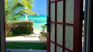 A view through a glass door to a beach with palm trees and clear blue water.