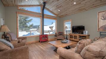 Smart-TV, Kamin, Bücher, Stereoanlage