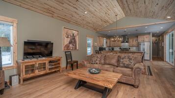 Smart TV, fireplace, books, stereo