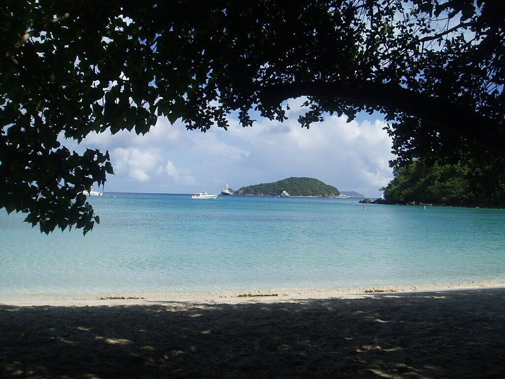A beach with clear turquoise water, a sandy shore, and a small island in the distance.