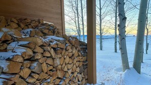 Ein Holzstoß an einer Holzwand, mit verschneiter Landschaft und Birken im Hintergrund.