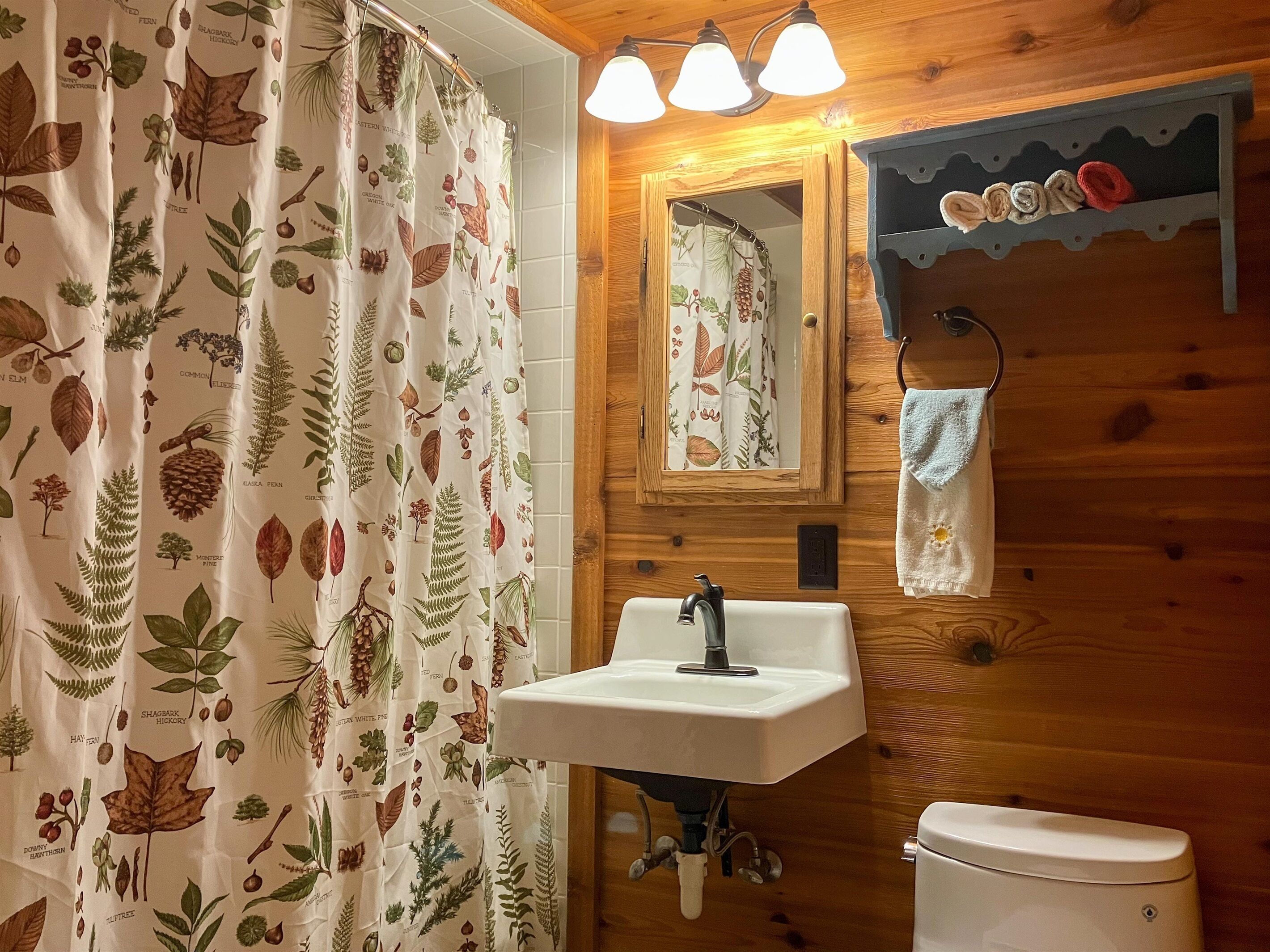 Een badkamer met een houten wand, een wastafel, een spiegel en een toilet.
