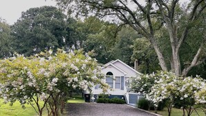 Une maison avec une allée en gravier, entourée d’arbres en fleurs et d’une pelouse.