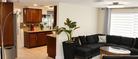 A modern living room with a dark sofa, a glass coffee table, and a potted plant.